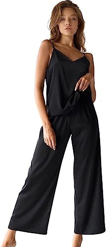 Laura in - Ensemble de vêtements pour Femmes 2 pièces Pyjamas en Soie Satin de Couleur Unie Unie Haut avec Bretelles et Pantalons longs-1603NoirM