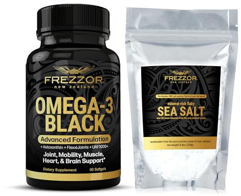 FREZZOR Omega 3 Black Green Lipped Mussel Oil, 53x Higher Potency for Superior Joint Comfort & Mobility, No Fishy Aftertaste, 1 Bottle, 60 Softgels Plus 1 Pouch of Flaky Sea Salt