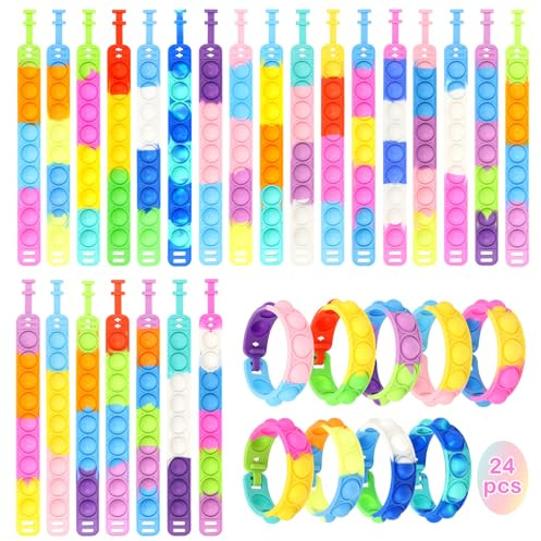 24 Pezzi Arcobaleno Bracciale in silicone,Braccialetto Pop Giocattoli,set da gioco con bracciale in gomma,Push Bubble Bracelets Fidget Toys per Bambini Adulti Ansia Sensory Braccialetti