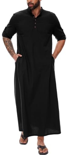 YAOHUOLE Kaftan Uomo Lungo Thobe Uomo Manica Lunga Caftano Uomo con Tasche Universale Fit, 02 nero, XL