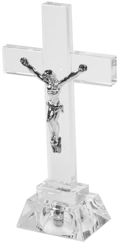 IMIKEYA Crystal Standing Cross Decor Jesus Crucifix Cross Statue Praying Religious Figurine Glass Holy Cross Jesus Ornament Catholic Display Tabletop Home Decor