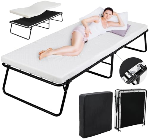 Klappbett Erwachsene 80x191 cm,Gästebett Klappbar mit 7cm Matratze aus Gedächtnisschaum,Metallrahmen Klappbetten mit Rollen & Staubschutzhaube,Einzelbett Metallbett Reisebett für Büro Gästezimmer