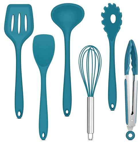 Joyfair Köksredskapsset, 6 stycken silikonköksredskap, köksbestick-set, blå non-stick stekspade kök för matlagning och bakning, värmebeständig och livsmedelskvalitet, diskmaskinssäker
