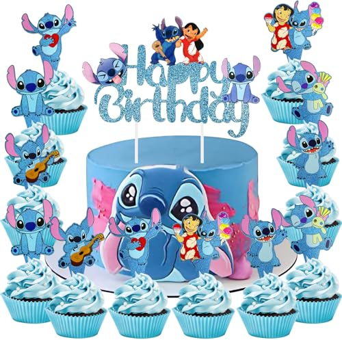 25 StüCk Stitch Tortendeko, Stitch Tortenaufleger, Lilo Und Stitch Geburtstag Deko, Stitch Party Geburtstag Kinder Happy Birthday Tortendeko Stitch Kuchen Deko (Blau)