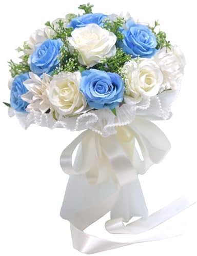 MINGZHE Bouquets de Mariage pour Mariée, Fleurs de Roses Artificielles, Bouquet de Demoiselle D'honneur, Bouquets de Mariée, Décoration de Mariage, Fête à Domicile(blanc bleu)