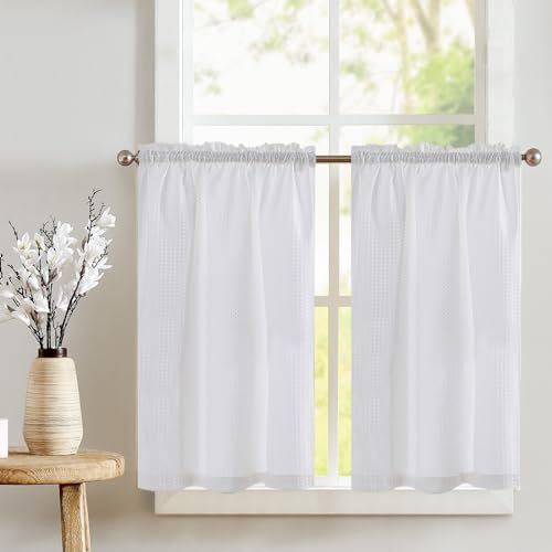 TOPICK White Kitchen Curtains 36 Inch Drop Small Cafe Curtains Waffle Weave Textured Curtain Tiers for Bathroom Sink Laundry Half Window Rod Pocket 2 Panels