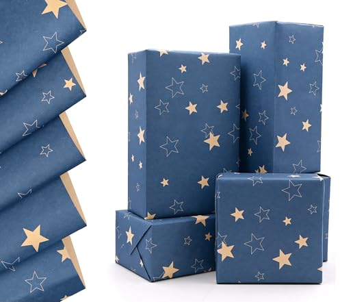 5pcs 50cm*70cm Blue Birthday Wrapping Paper with Star, QRTDXP Recyclable Gift Wrap Paper Sheets Design for Father's Day Xmas Day Wedding