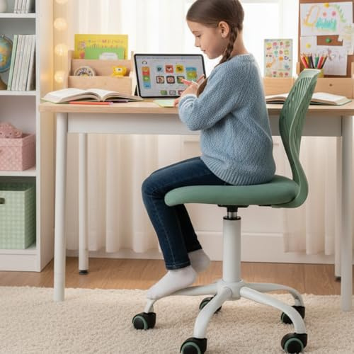 FurnitureR Silla de Escritorio para niños, Silla giratoria de Altura Ajustable con diseño de Respaldo de Agujero pequeño, Adecuada para Dormitorio de niños o Sala de Estudio, Verde molandi, 38 x 39 x