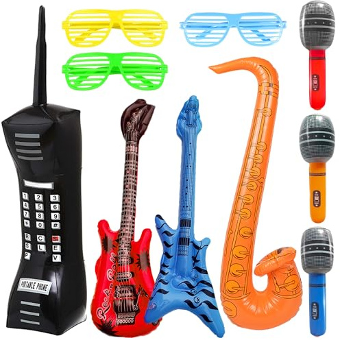 Juego de globos inflables para fiestas, 10 unidades, instrumentos musicales inflables, accesorios para guitarra, micrófono, saxofón, teléfono móvil, Rock Star Toy para concierto, danza, karaoke de los