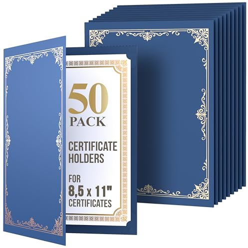 50 Pack Blue Certificate Holders 8.5 x 11 for Letter Size Certificates - Cardstock Diploma Holders with Gold Foil Border - Award Certificate Folders - Certificate Covers 8.5x11 - Diploma Cover Folder