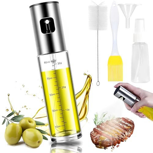 Oil Spray 100 ml Atomiser, Oil Sprayer Pack of 2, with Brush and Funnel, Oil and Vinegar Spray Bottle for Cooking, Refillable Oil Spray Bottle for Salad, Grilling, Baking, Cooking