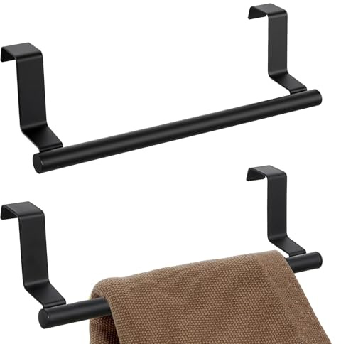 2 Stück Edelstahl Handtuchhalter, Geschirrtuchhalterohne Küche mit Haken, Handtuchstange für Badezimmer Wandmontage, Robuste Abnehmbare Handtücher Racks, Zum Einhängen Ohne Bohren (Schwarz)