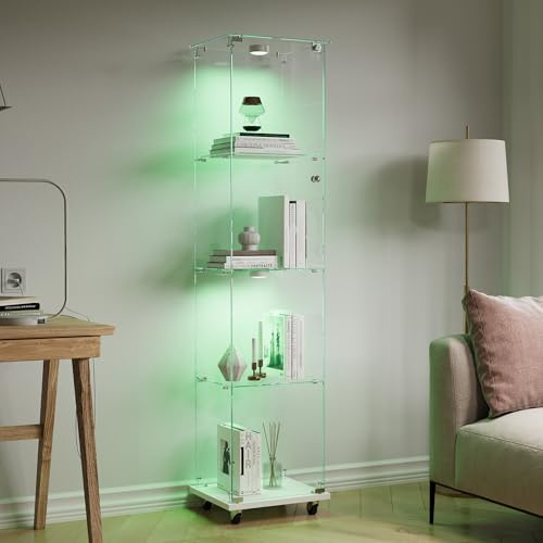 Vetrina in vetro con 4 ruote girevoli, armadio da collezione moderno in vetro, con luce LED multicolore, vetrina da collezione, per artigianato, soggiorno, libri (bianco, 1 porta 4 piani con ruote)