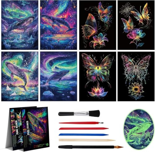 NICKLIN 8 Pcs A4 Scratch Art Paper for Adults, Glow in The Dark Scratch