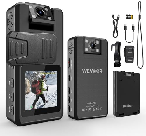 1296P Mini Video Body Camera 64GB 20Hrs Portable Wearable Police Camcorder, 180° Rotatable Lens, 1 Spare Battery, Wevoor Personal Small Cameras wirh Back Clip, Night Vision for Security/Outdoor/Travel