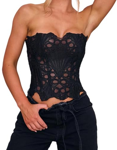 Nicoxijia Corset Tops for Women Floral Hollowed Strapless Lace Crop Top Y2K Sexy Going Out Irregular Hem Shapewear Bustier (Black, L)