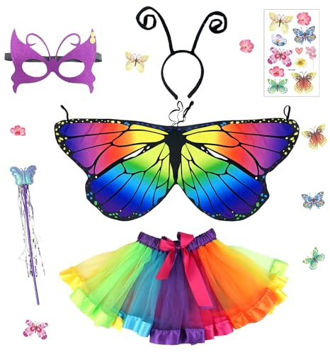 YAEGIMHT Butterfly Costume Kids Girls, 6 Pcs Fairy Costume Set with Butterfly Wings Headband Colorful Tutu Wand Mask Tattoo, Animal Dressing Up for Carnival Halloween Performance Girls 3-8 Years