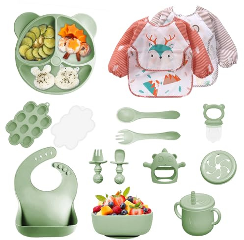 14 Pezzi Set Pappa Svezzamento, Svezzamento Set Silicone Piatto con Ventosa Piatto Ciotola Tazza Bavaglino Cucchiaio Forchetta, Set di Posate per Bambini per Lo Svezzamento e L'Alimentazione (Verde1)