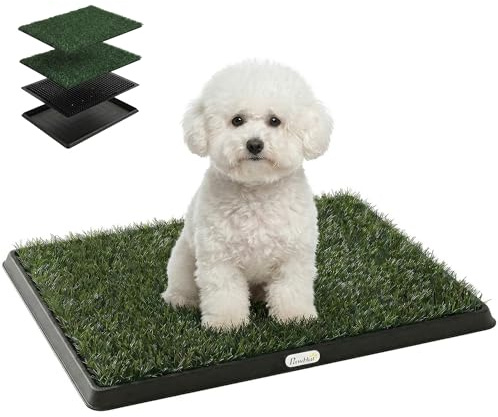 PawHut - Inodoro para perro con 2 alfombrillas de césped artificial y rejilla de drenaje, sistema lavable a 3 capas, bandeja para ropa de cama para perro para aprendizaje de limpieza, 63 x 50,5 x 3,5