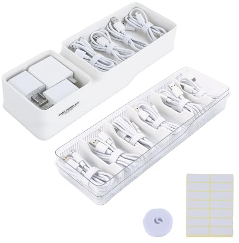 aceyoon Boîte de rangement pour câbles - Blanc - Double couche - Organiseur de câble avec 5 séparateurs amovibles - Boîte de rangement pour câbles et prise de téléphone portable - Boîte de rangement