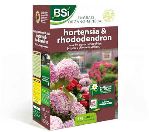 BSI - Engrais Hortensias Et Rhododendrons - Bio - Pour Tous les Variétés - Floraison Éclatante - Action Longue Durée - 4kg - Jusqu'à 40 m² - UAB, Aucune