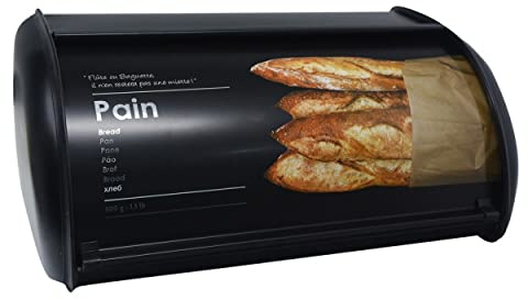 Hogar y Mas Panera de Metal, Caja para Guardar el Pan, Tapa Deslizante, con Dibujo de Pan, Negro Mate, 14,5x34x23cm