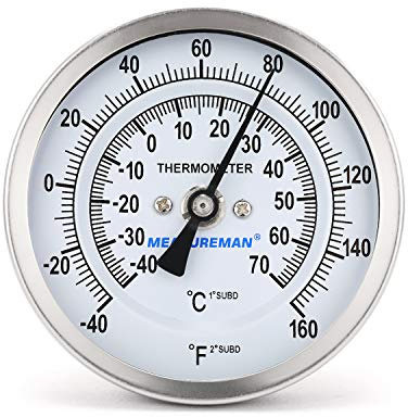 MEASUREMAN Fully Stainless Steel Pot, Kettle, Brewing Bimetal Dial Thermometer, 3 Dial, 2-1/2 Stem, -40-160 deg F/-40-70 deg C, -1% Accuracy, Adjustable, 1/2 NPT Back Mount