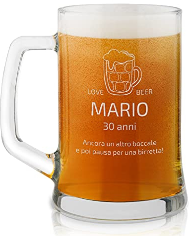 Maverton Boccale per la Birra in vetro con personalizzazione - capienza 500 ml idea regalo per il compleanno - H12 cm x Ø8,5 cm - Perfetto per ogni uomo amante della buona Birra - pausa birretta