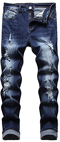 JUNBAOSS Smala stretch jeans för män, rippade smala jeans för män, slitna raka ben, bekväma flexibla midjebyxor