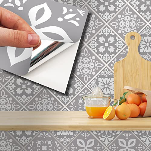 WALPLUS Grey Stick on Tiles Kitchen 15x15cm(6) Self Adhesive Backsplash Removable Peel and Stick Tile Stickers for Bathroom Moroccan Splashbacks Sticker Decals Upgrade 24 PCS