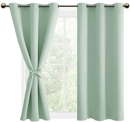 DWCN Blackout Curtains with Tiebacks for Bedroom Thermal Insulated Solid Eyelet Curtains for Living Room,2 Panels,46 Wide x 54 Drop Bean Green