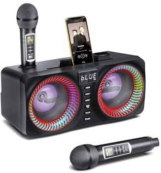 Tisey Máquina Karaoke con iluminación multicolor y 2 micrófonos inalámbricos UHF, doble altavoz de alta potencia de 15 W, soporte para tarjeta TF/USB, entrada AUX, rojo