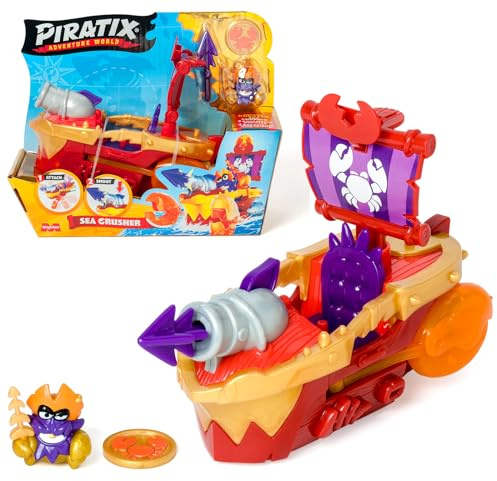 Piratix, ADVENTURE WORLD Sea Crusher - Nave pirata a forma di granchio, include 1 nave pirata, 1 Piratix, 1 tesoro, 1 accessorio, 1 cannone e 1 proiettile