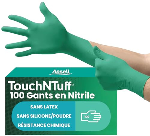 Ansell TouchNTuff 92-600, Guantes de Trabajo, Guantes de Nitrilo, Alta Protección para Químicos, Guantes Limpieza, Guantes Desechables Sin Látex, Guantes Nitrilo Talla 2XL Verdes, Caja de 100