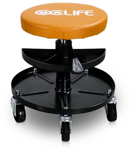 CCLIFE Werkstatthocker Mit Rollen Höhenverstellbar Werkstattstuhl Werkstatt Rollhocker 380-500 mm 2 Ablagen 150kg Orange
