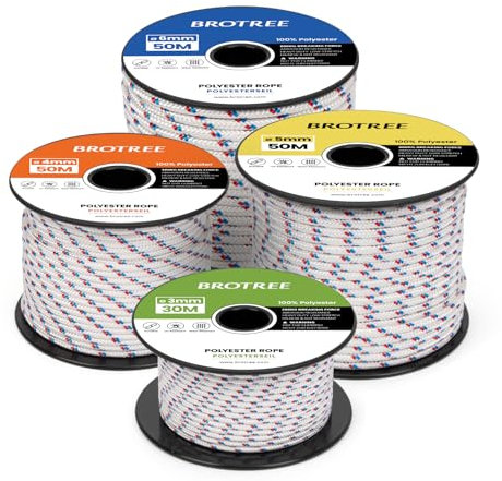 Brotree Corde de Polyester 3mm x 30m Blanc/Bleu/Rouge - Cordage Tresse Nautique pour Extrieur, Amarrage, Bateau, Jardin - 200KG Charge de Rupture