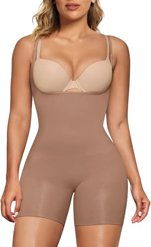 SHAPERX Women's Shaping Bodysuits Open Bust Tummy Control Body Shaper Mid-Thigh Bodysuit Shorts Seamless Shapewear, UK-SZ5258-2-Sienna-L/XL