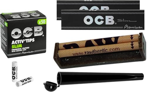 yaoviz® Set RAW konische Drehmaschine 110mm - 50x OCB 7mm Slim Aktivkohlefilter - 2 OCB KS black Slim Papers - yaoviz Jointhülle schwarz glänzend 120mm.