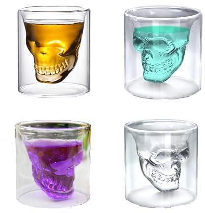 4 Pezzi 75 ml Bicchieri Da Liquore a Forma Di Teschio, Bicchieri Teschio, Tazze Da Caffè a Forma Di Cranio, Vetro Borosilicato Ad Alto Contenuto Di Boro, Trasparente, per Vino, Vodka, Feste, Domestico