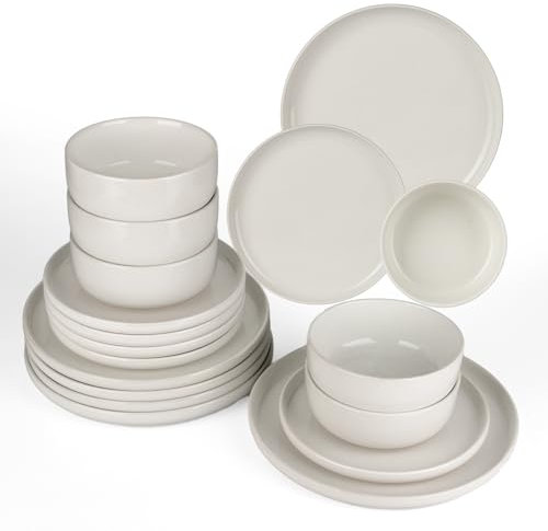 Richmount Milkyway juego de vajilla，18 piezas juego de platos，Sprinkle vajilla de gres para 6 con platos de cena, platos de postre, cuencos de cereales, microondas y lavavajillas, blanco
