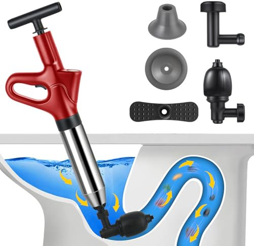 Stura WC,Pompa Stura Scarichi con Barometro,Molto Rispettoso Dell'Ambiente,Sturalavandini a Pressione con Quattro Diverse Ventose Adatto per Scarichi A Pavimento (Rot)