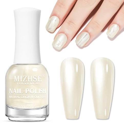MIZHSE Weiß Nagellack mit Perlmuttglanz, Perlmutt-Weiß Shimmer Nagellack Schnelltrocknend Oil Based, Glitter Nagelack, Ohne UV Lampe Nail Polish Nageldesign DIY zu Hause Salon 15ML 1PC