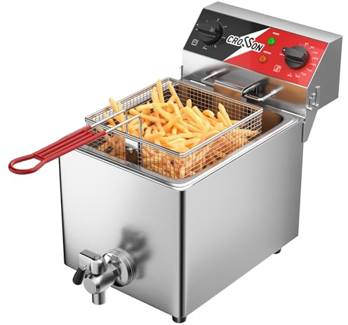 CROSSON Friggitrice Commerciale 6 Litri,Friggitrice Elettrica ad Olio da Inox 3000W con Coperchio,con Rubinetto di Scarico,Controllo Tempo e Temperatura 80-200°C,per Cucina Ristorante