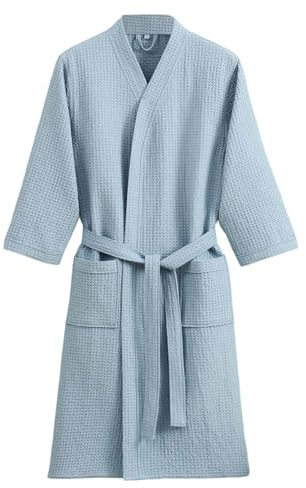 Mymyguoe Albornoz de rizo para hombre, sin capucha, de secado rápido, albornoz de viaje para hotel, toalla de baño de algodón, bata para parejas, tela gofre, albornoz para sauna, azul claro, XL