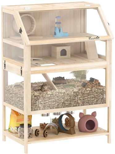 PawHut Hamsterkäfig aus Holz 3 Etagen 80 x 53 x 117 cm Nagerkäfig Kleintierkäfig mit abnehmbar Boden Ablage Laufrad Wippe Rampe Wasserflasche Hütte Mäusekäfig für Zwerghamster Naturholz