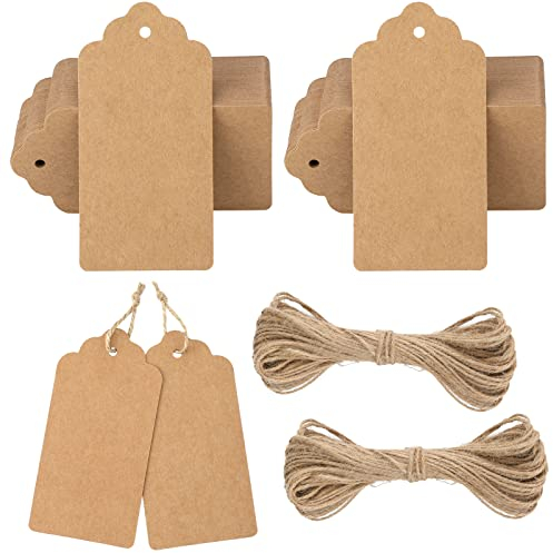 G2PLUS Kraft Paper Gift Tags - 100PCS Large Plain Gift Tags - 5x10CM Brown Blank Labels with String for Presents, 300g/m²