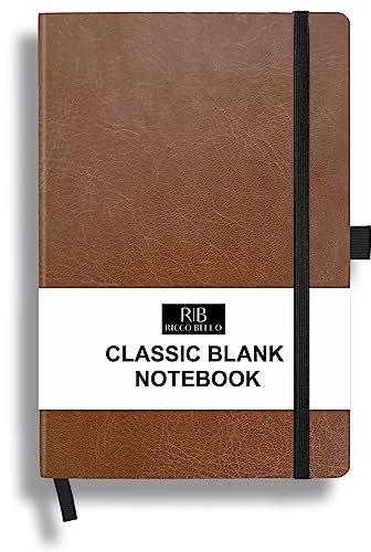 RICCO BELLO Classic Blank Unlined Notebook with Pen Loop, Writing Guide/Hardcover, Fountain Pen Friendly, Banded, Bookmark, Expandable Pocket/5.7 x 8.4 inches (Brown)