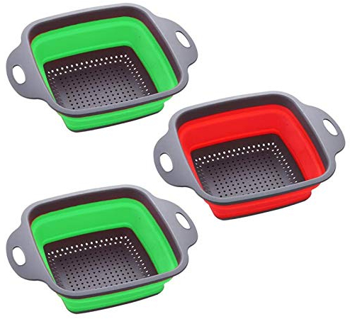 Anjing Colador Plegable Juego de 3 coladores Cuadrados de Silicona para Cocina, 3 Piezas, 4 Cuartos