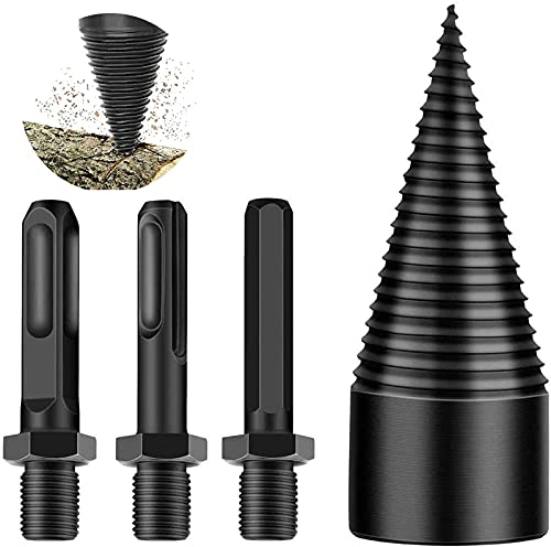 Duyteop 4 Pièces Foret De Fendeuse Bois Costume, Foret De Bois Chauffage, Fendeuse Conique, Fendeuse à Bois 42mm, Fendeur De Bois Conique,Foret à Fendre Le Bois Noir Avec 3 Poignées, Rond, Hexagonal