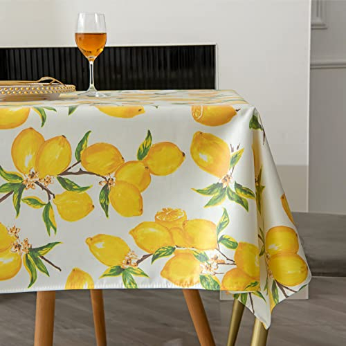 PUDSIRN Zitronen-Tischdecke, Frühlings Sommer-Tischdecke, gelbe Tischdecke, Polyester-Gewebe, wasserdichte, schmutzabweisende Tischdecke, für Küche, Party, Picknick, drinnen, draußen (140 x 200 cm)